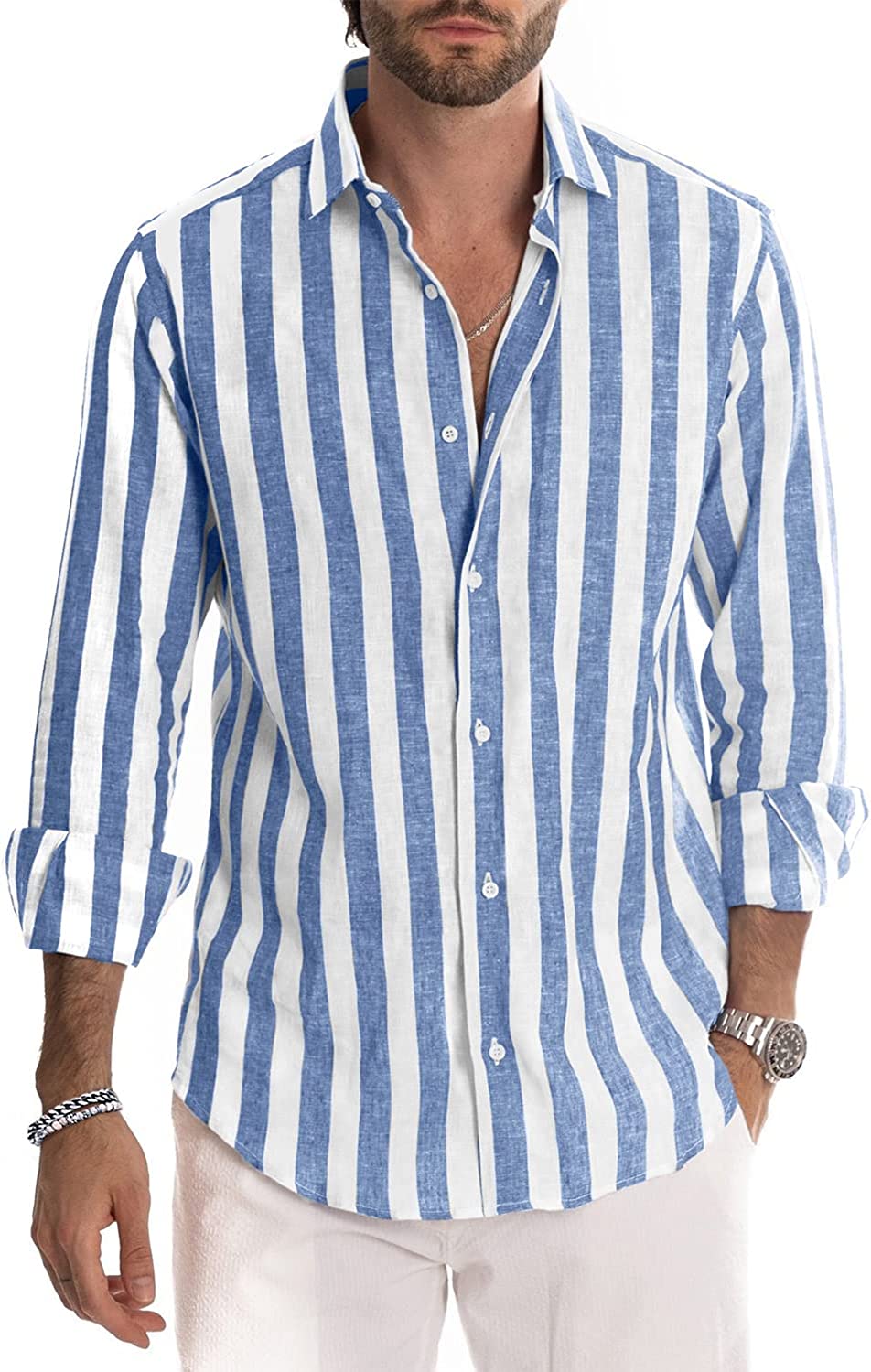 JMIERR Men's Casual Stylish Long Sleeve Button-Down Shirts Striped Dress Shirts Cotton Shirt - Image 4